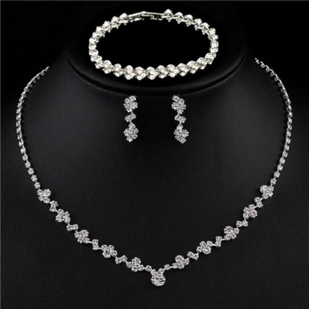 3 Piece Crystal Jewelry Set Silver Necklace Earrings Bracelet Jewelry Fashion